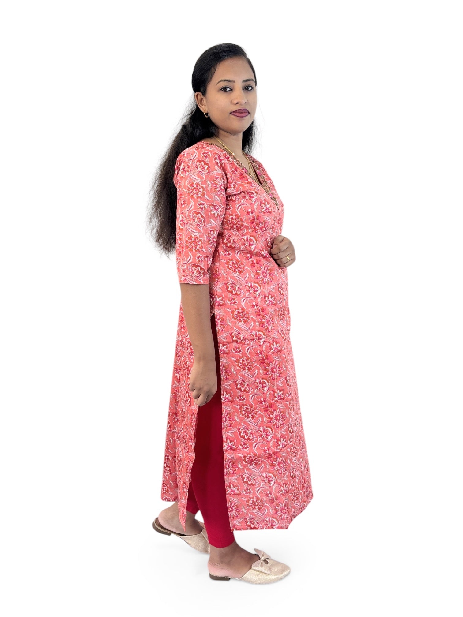Red Pink Floral Kurta Side View