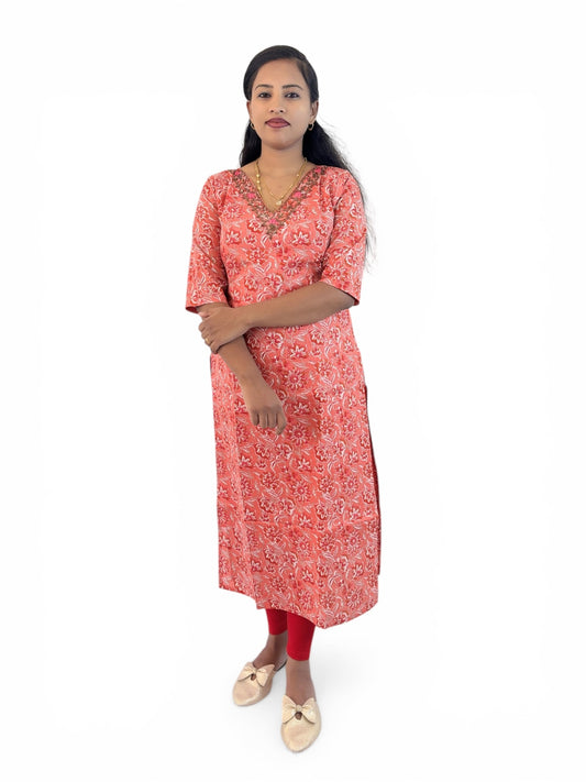 Red Pink Floral Kurta Front View